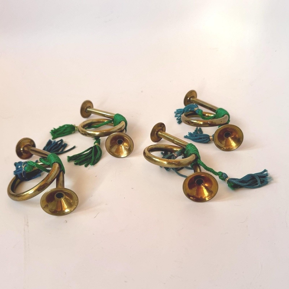 VTG 50s Christmas Ornaments Brass Bugle Lot of Four (4) Green Cords 4" Long